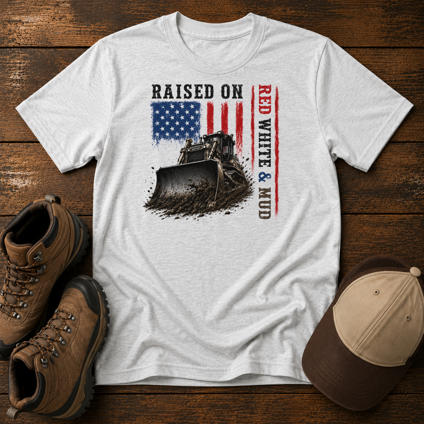 Raised on Red, White & Mud™ Youth Bulldozer Shirt | Patriotic Construction Kids Tee