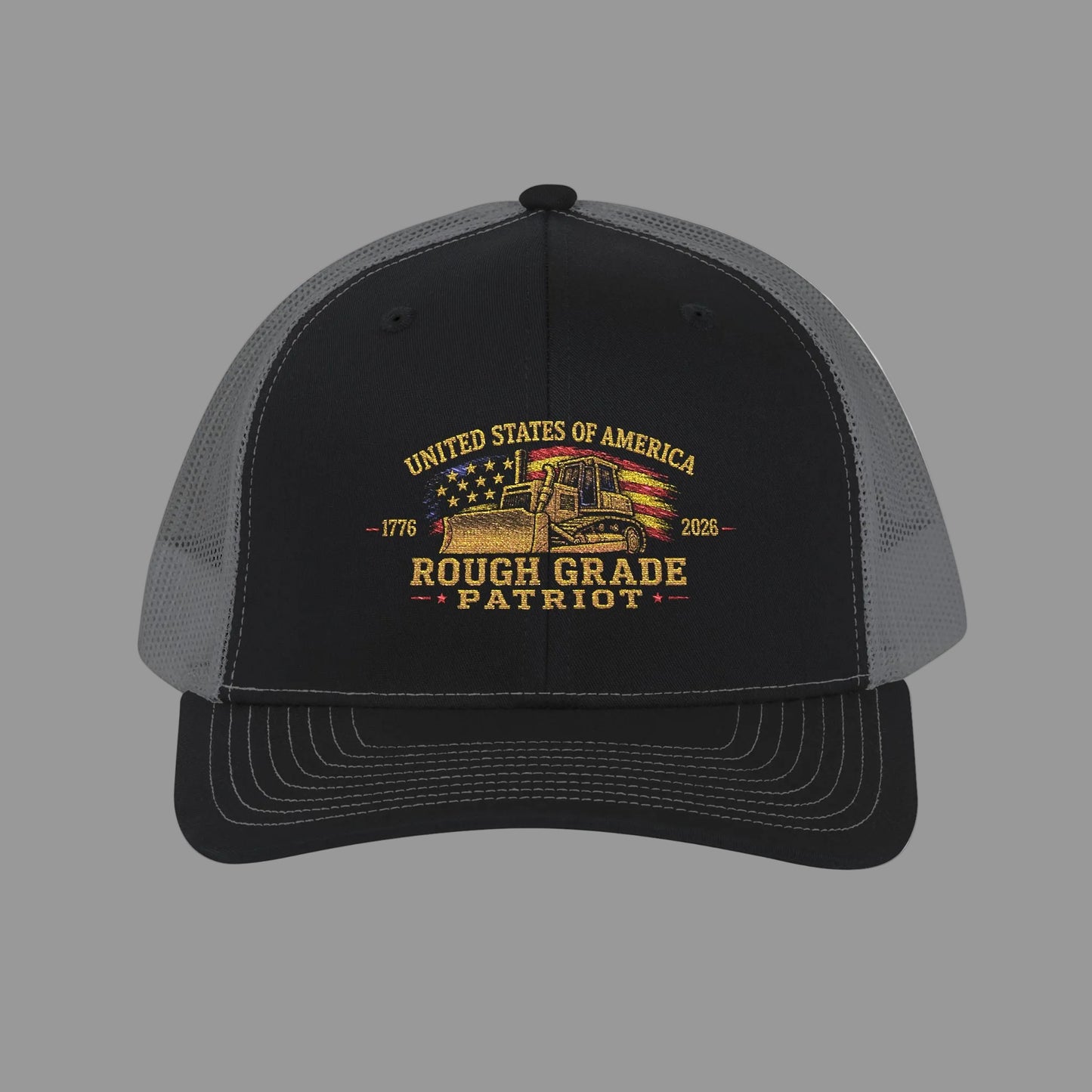 Black trucker hat with 'Rough Grade Patriot' design on a white background