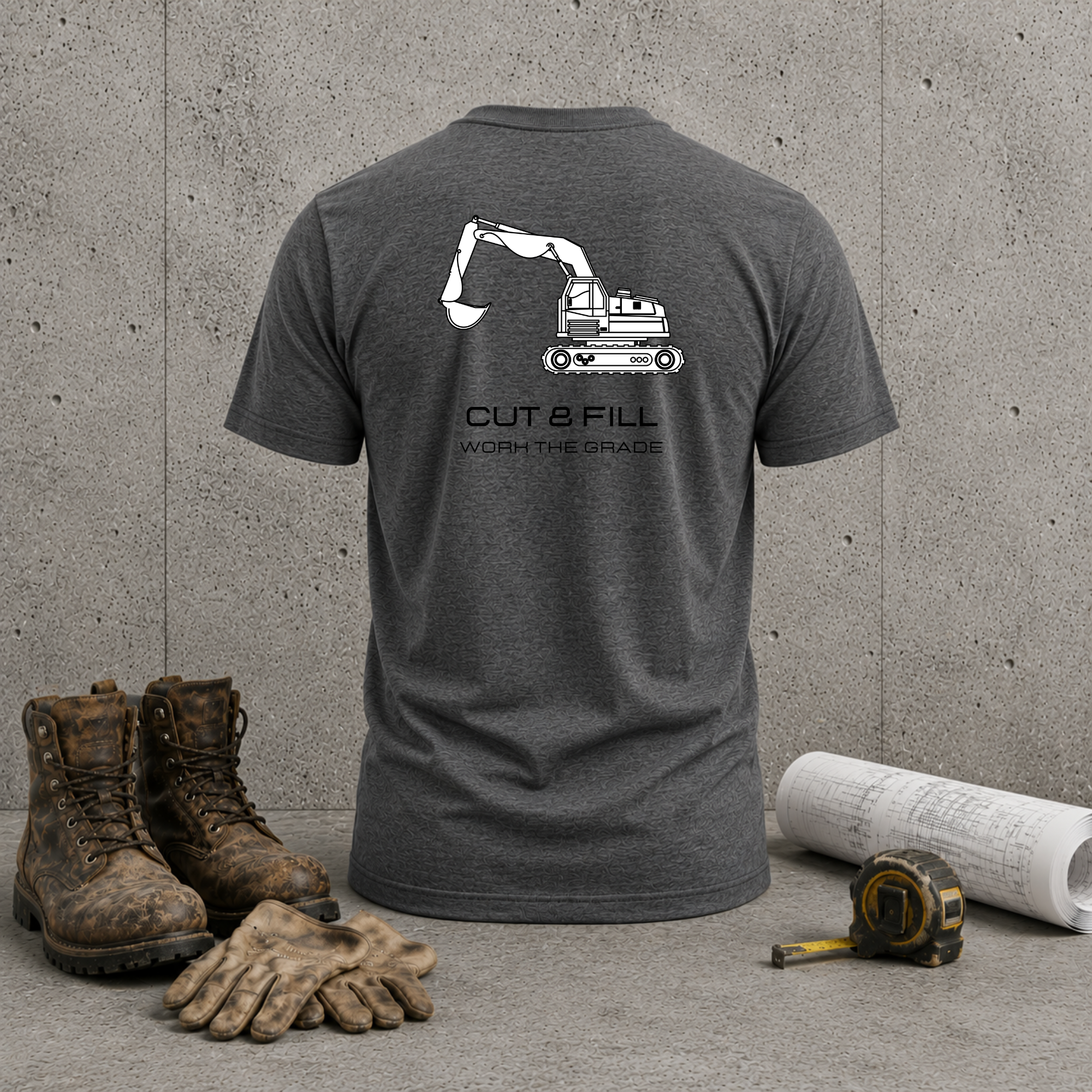 Construction Excavator T-Shirt — “Cut & Fill, Work the Grade” Back Print