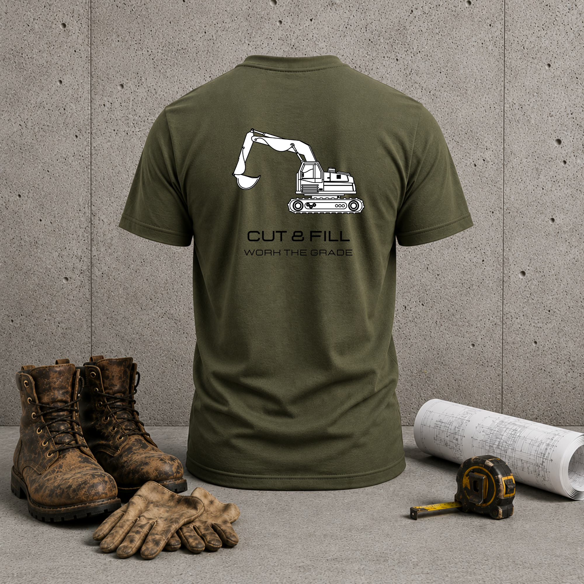 Construction Excavator T-Shirt — “Cut & Fill, Work the Grade” Back Print