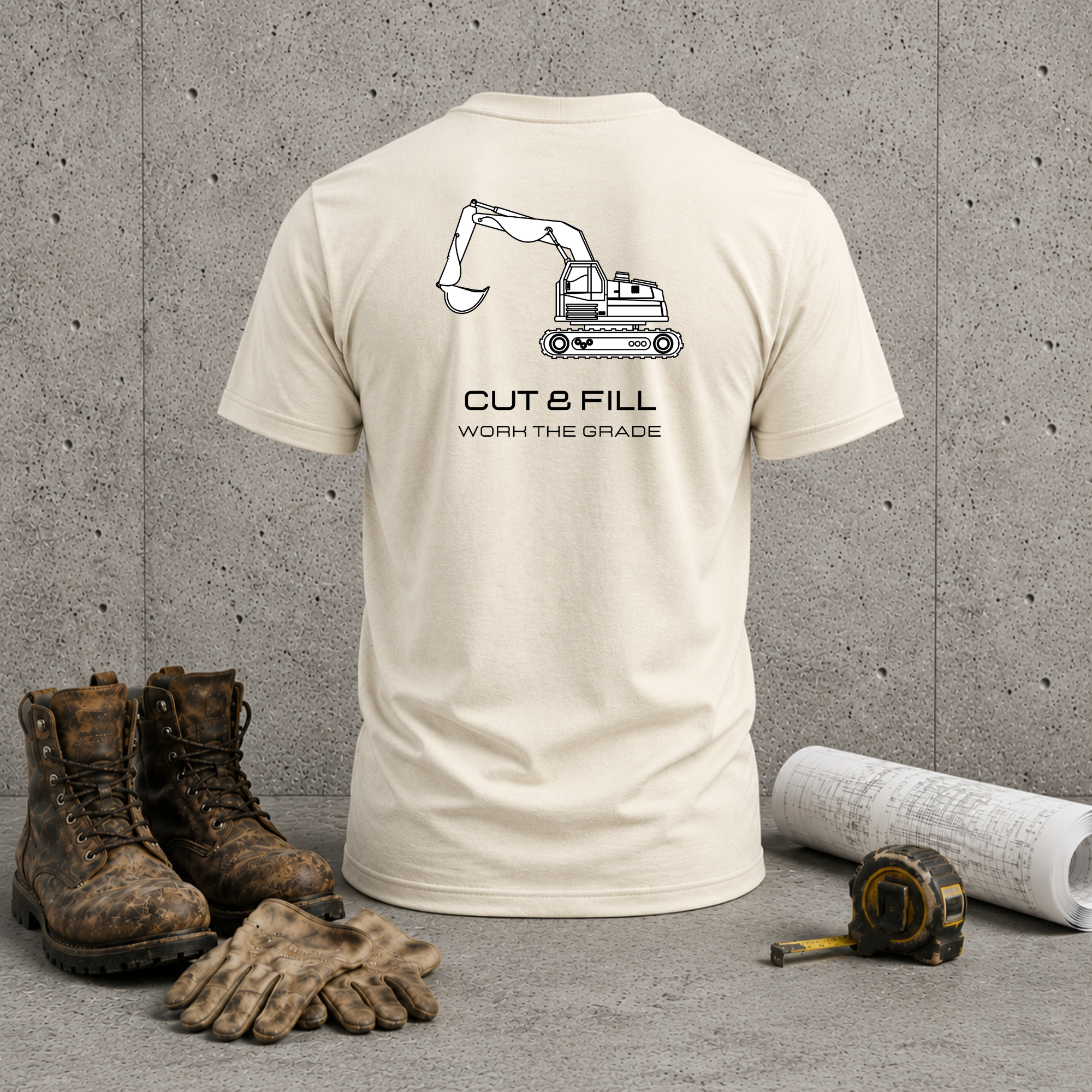 Construction Excavator T-Shirt — “Cut & Fill, Work the Grade” Back Print