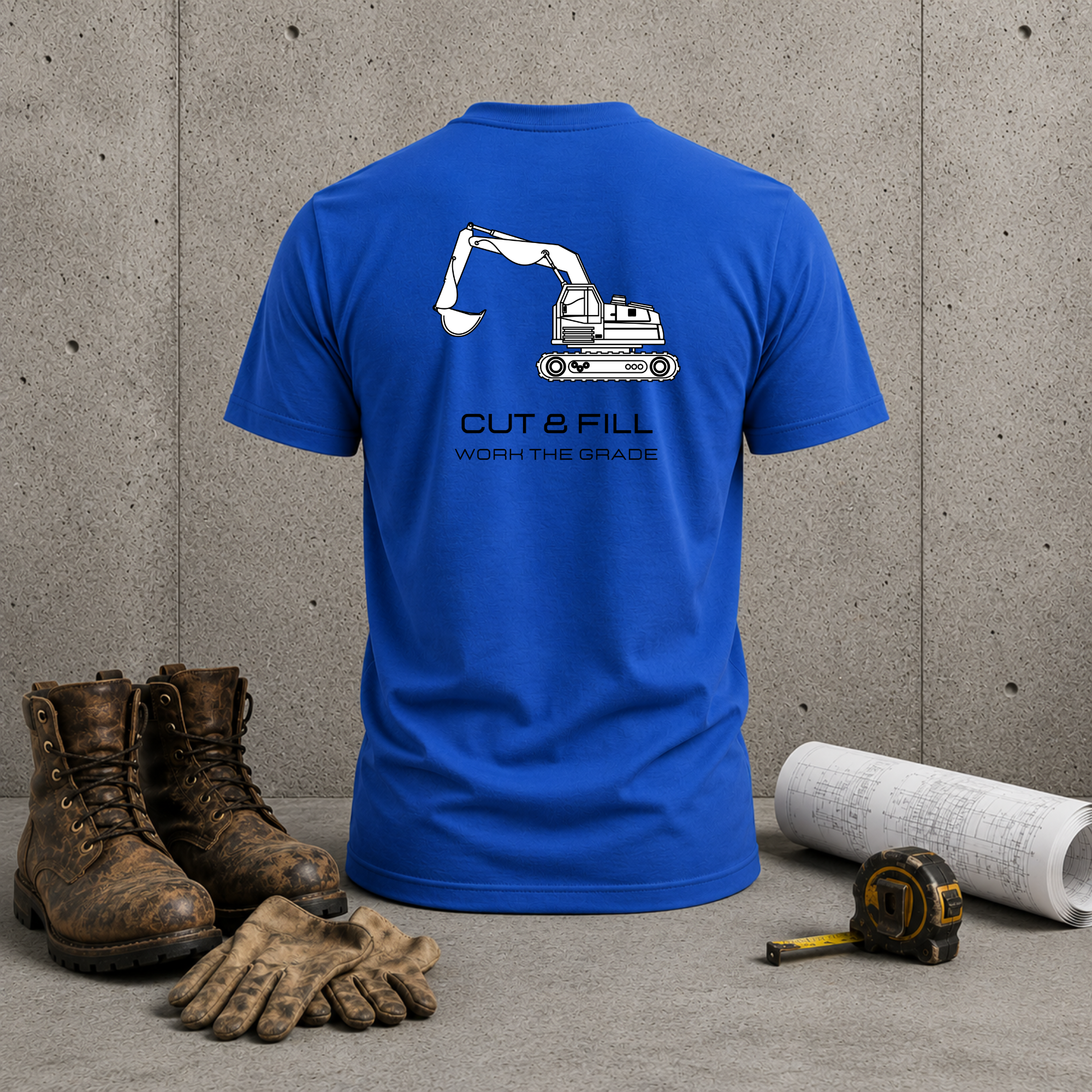 Construction Excavator T-Shirt — “Cut & Fill, Work the Grade” Back Print