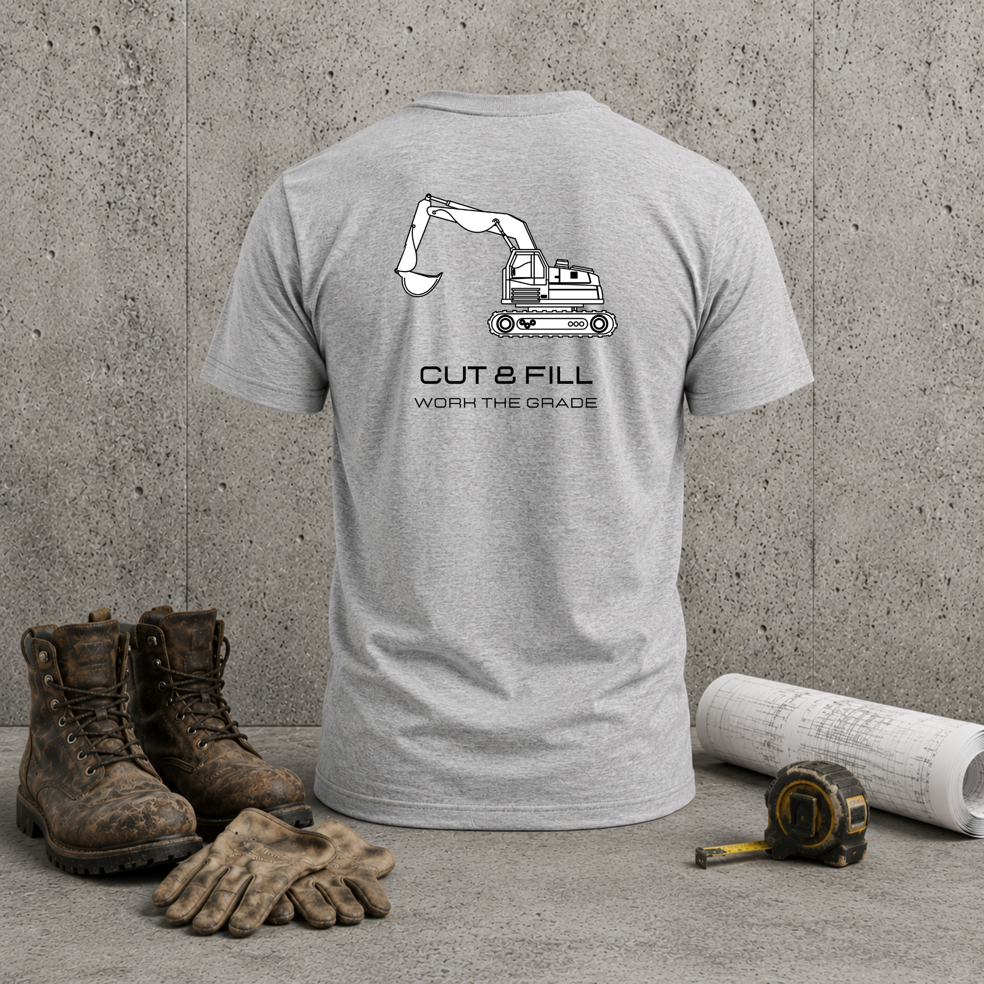 Construction Excavator T-Shirt — “Cut & Fill, Work the Grade” Back Print