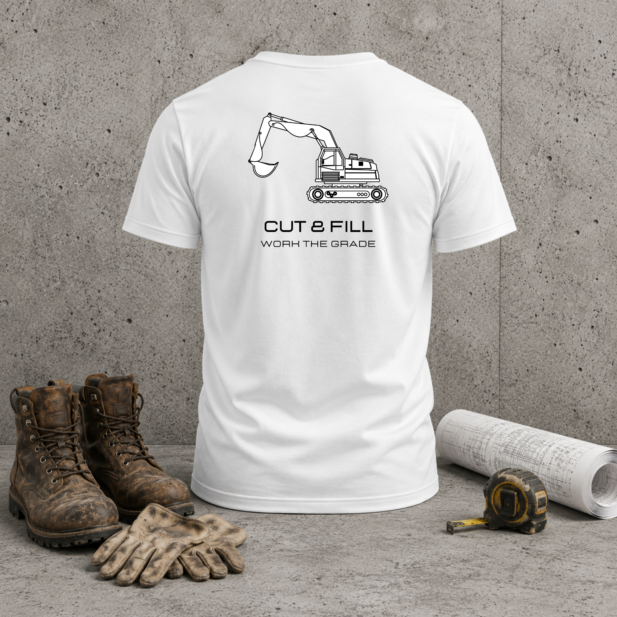 Construction Excavator T-Shirt — “Cut & Fill, Work the Grade” Back Print