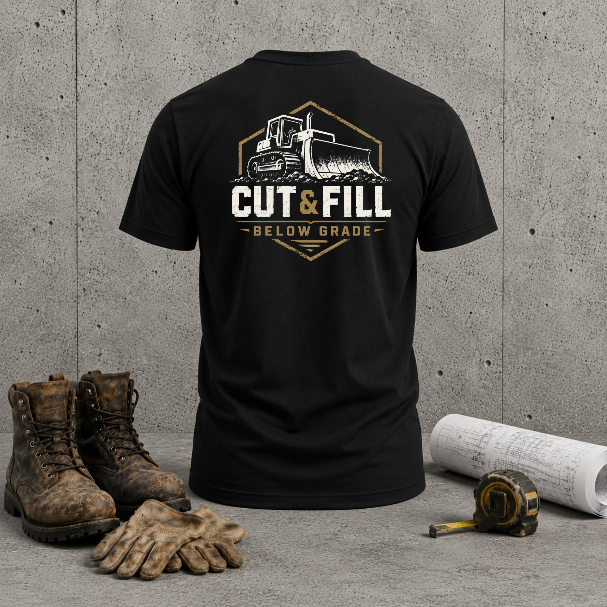 Cut & Fill Construction T-Shirt – Bulldozer 'Below Grade' Heavy Equipment Tee