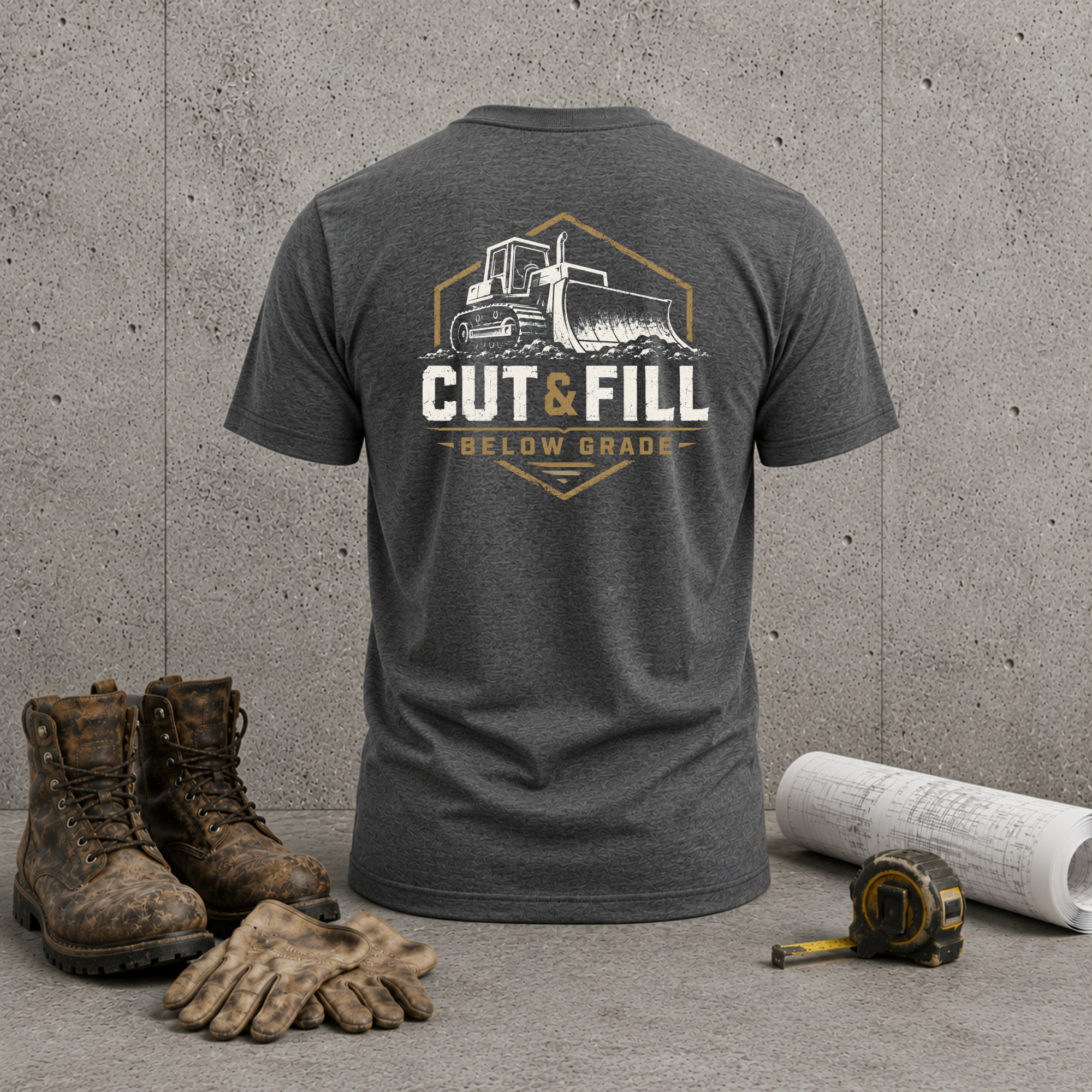 Cut & Fill Construction T-Shirt – Bulldozer 'Below Grade' Heavy Equipment Tee