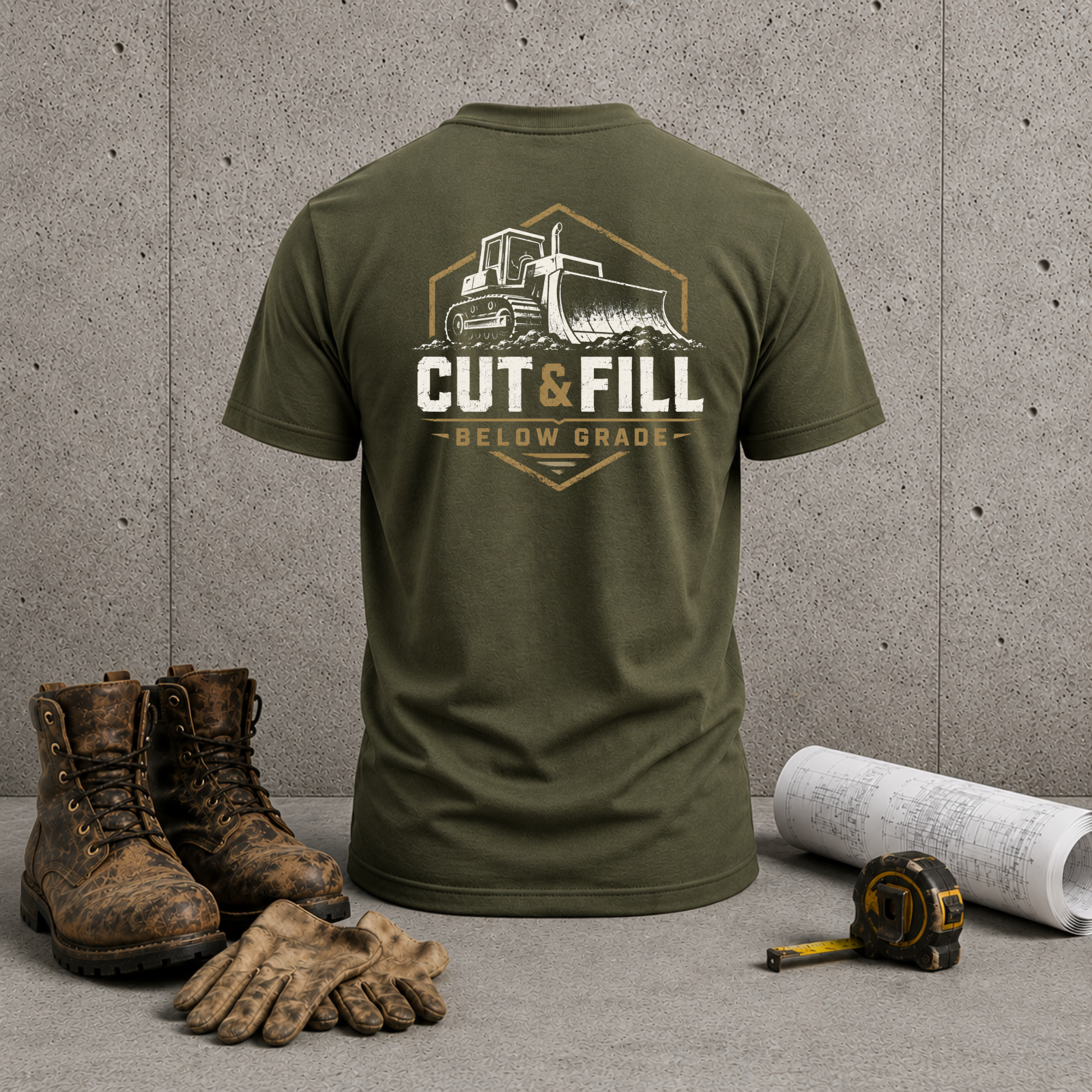 Cut & Fill Construction T-Shirt – Bulldozer 'Below Grade' Heavy Equipment Tee
