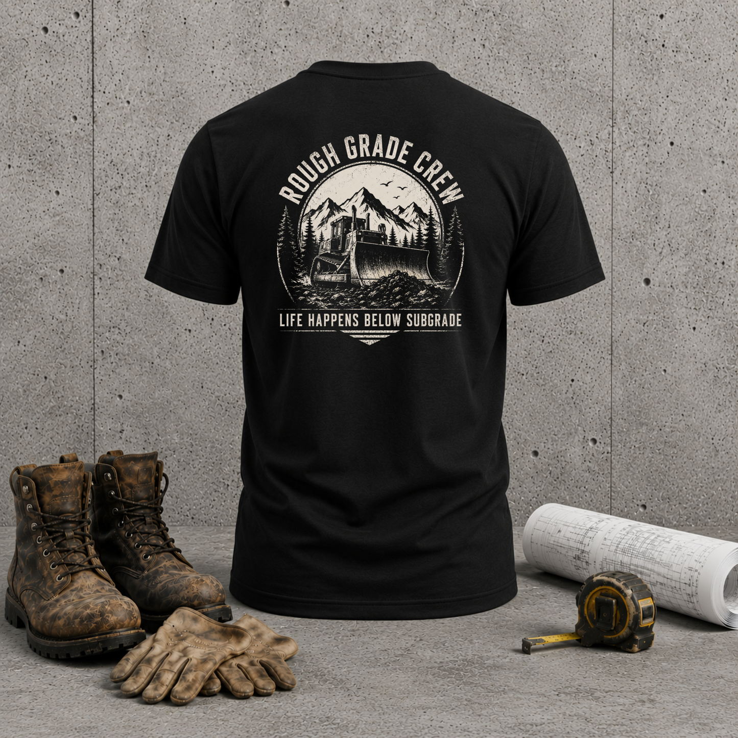 Rough Grade Crew T-Shirt — "Life Happens Below Subgrade" Back Graphic
