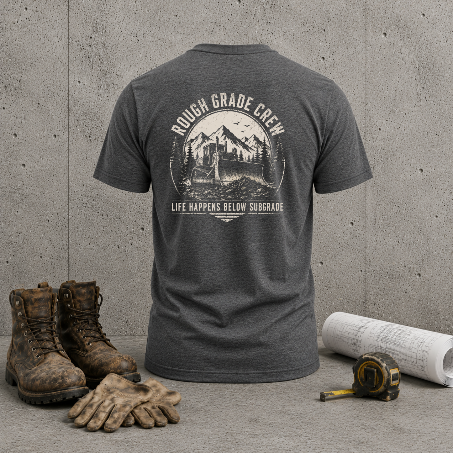 Rough Grade Crew T-Shirt — "Life Happens Below Subgrade" Back Graphic