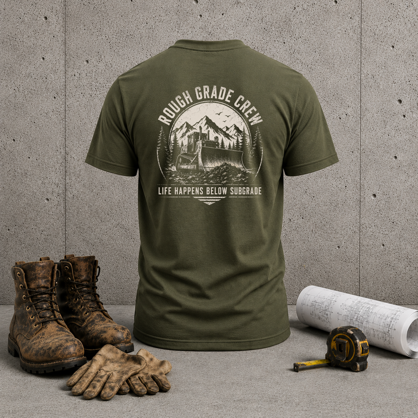 Rough Grade Crew T-Shirt — "Life Happens Below Subgrade" Back Graphic