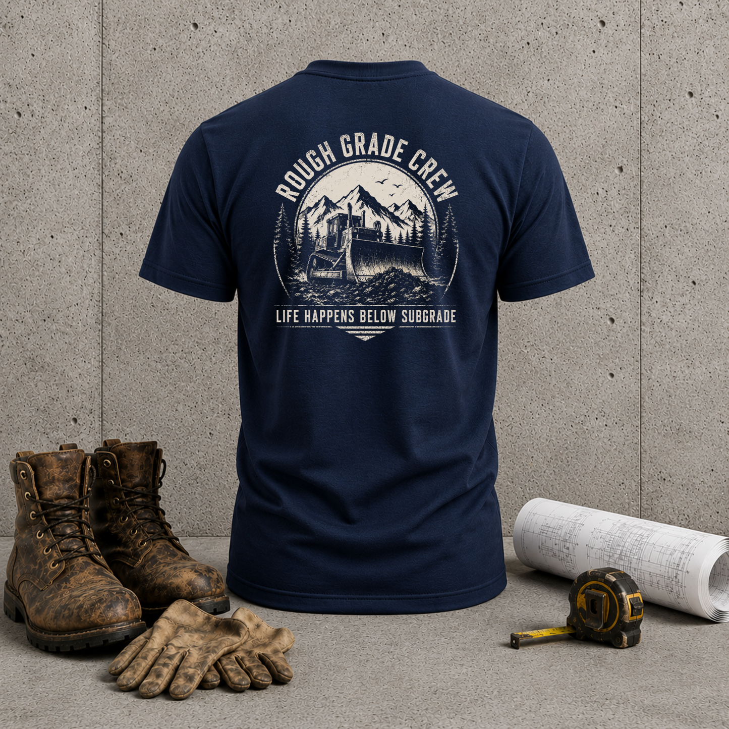 Rough Grade Crew T-Shirt — "Life Happens Below Subgrade" Back Graphic