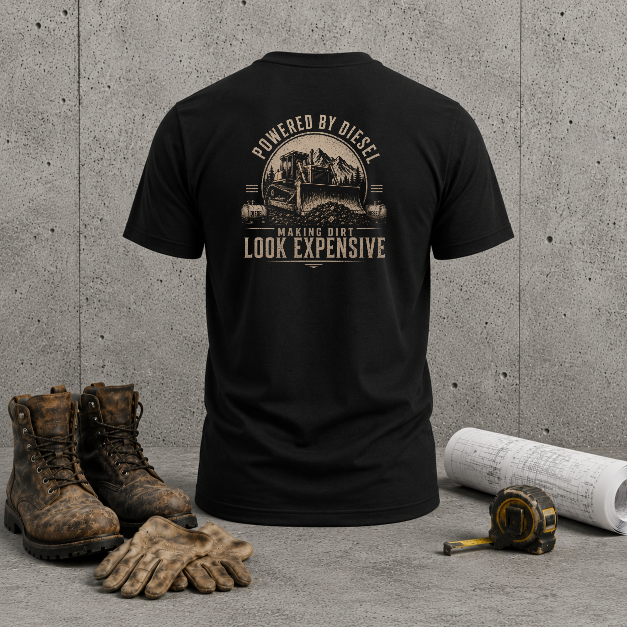 Diesel Truck T-Shirt — "Powered by Diesel, Making Dirt Look Expensive" Back Graphic
