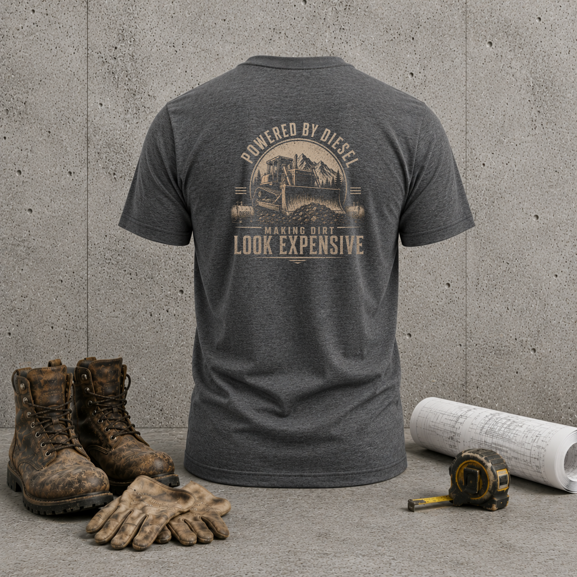 Diesel Truck T-Shirt — "Powered by Diesel, Making Dirt Look Expensive" Back Graphic