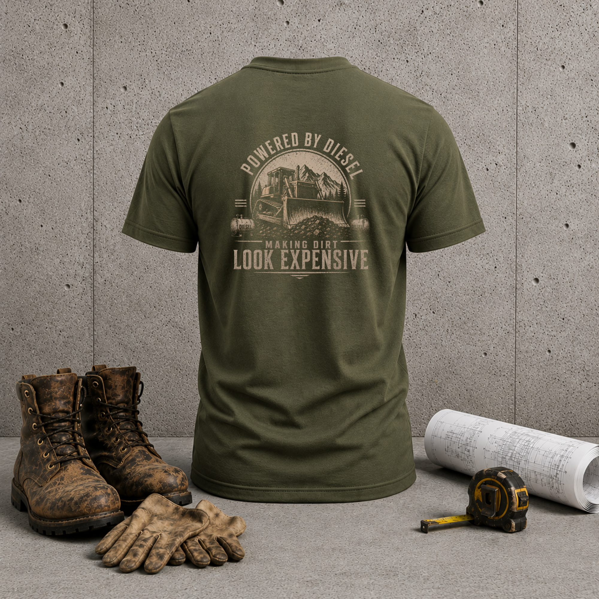 Diesel Truck T-Shirt — "Powered by Diesel, Making Dirt Look Expensive" Back Graphic