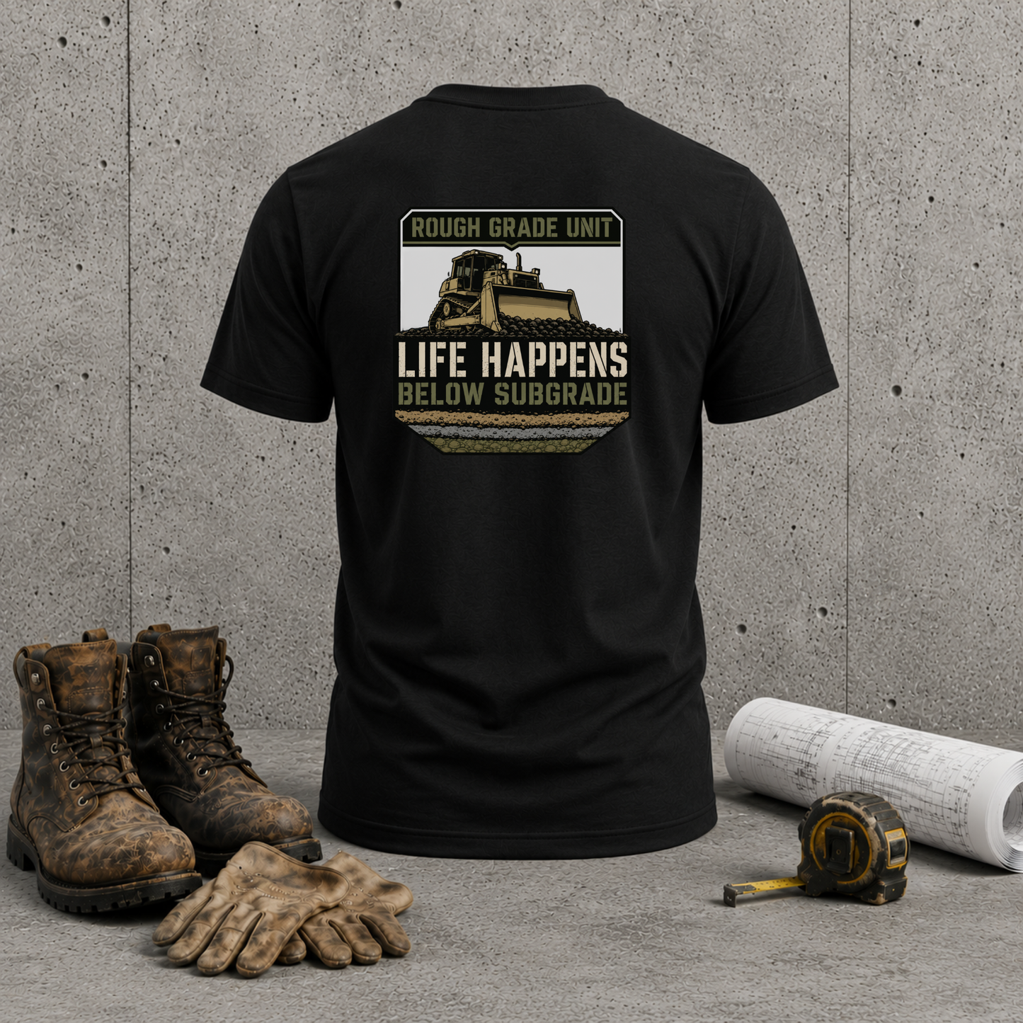Life Happens Below Subgrade T-Shirt — Rough Grade Unit Heavy Equipment Excavator Shirt
