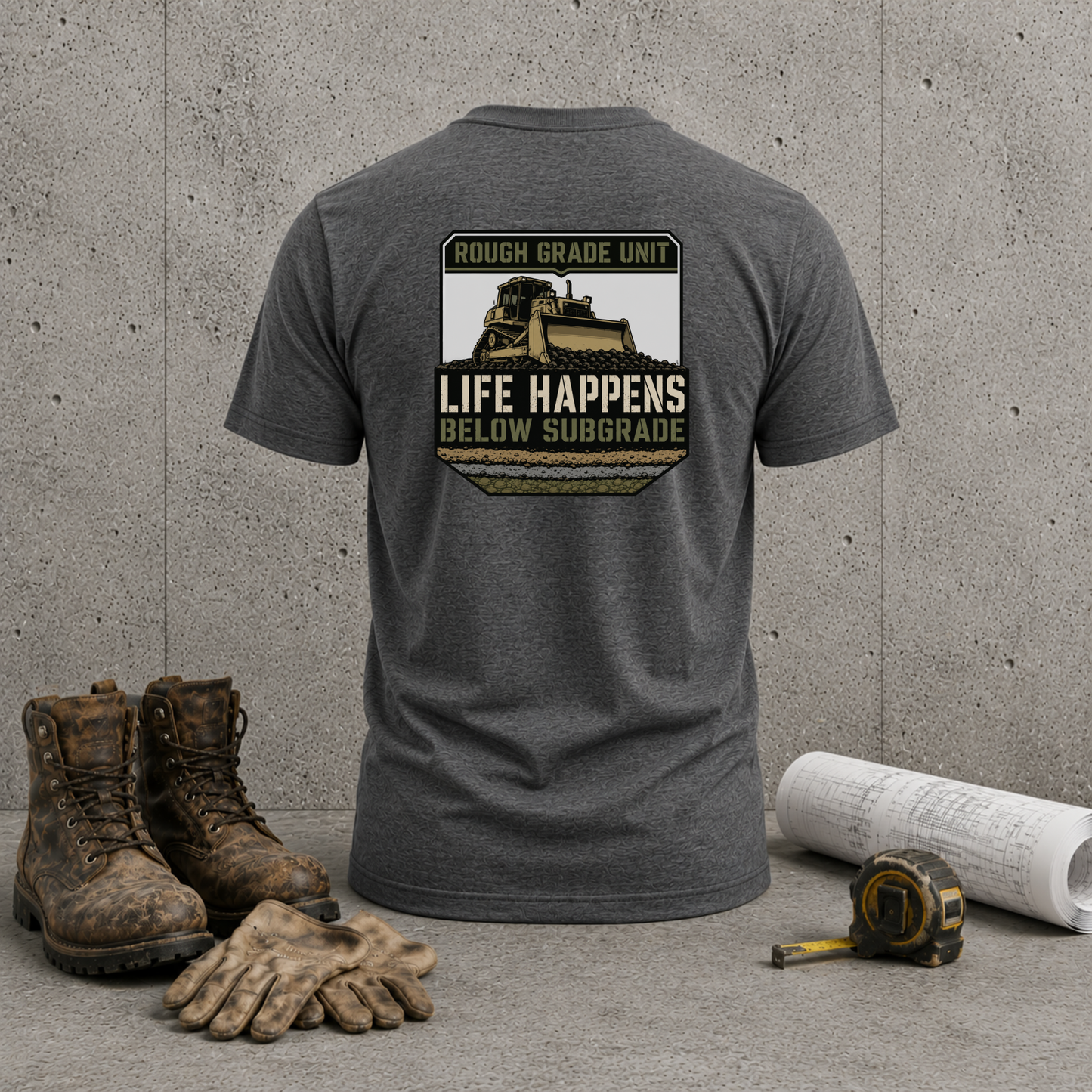 Life Happens Below Subgrade T-Shirt — Rough Grade Unit Heavy Equipment Excavator Shirt