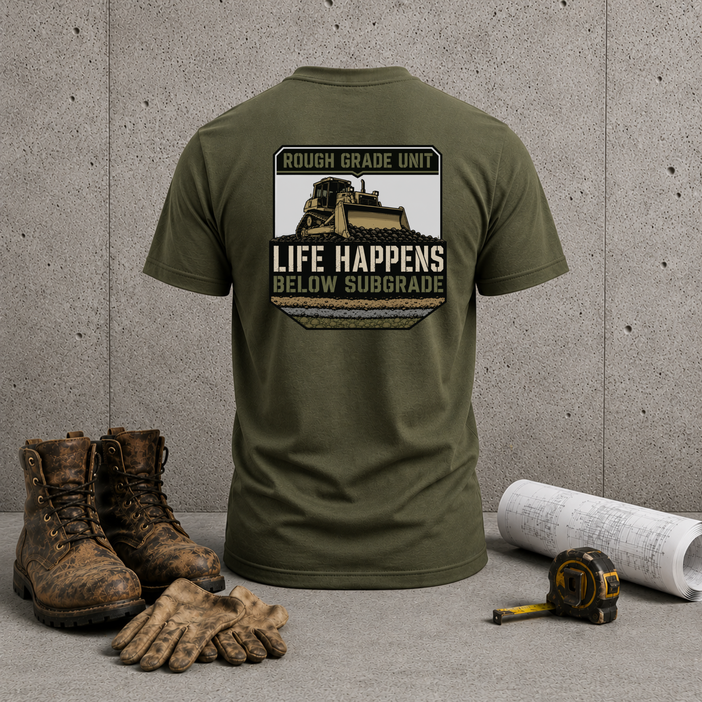 Life Happens Below Subgrade T-Shirt — Rough Grade Unit Heavy Equipment Excavator Shirt