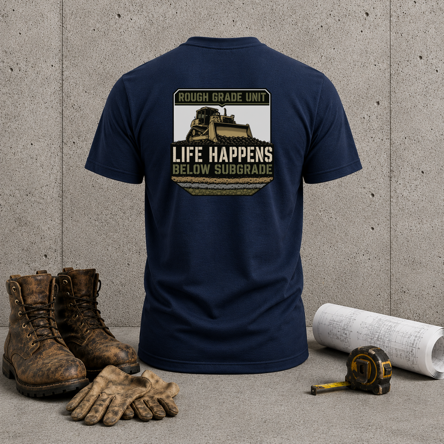 Life Happens Below Subgrade T-Shirt — Rough Grade Unit Heavy Equipment Excavator Shirt