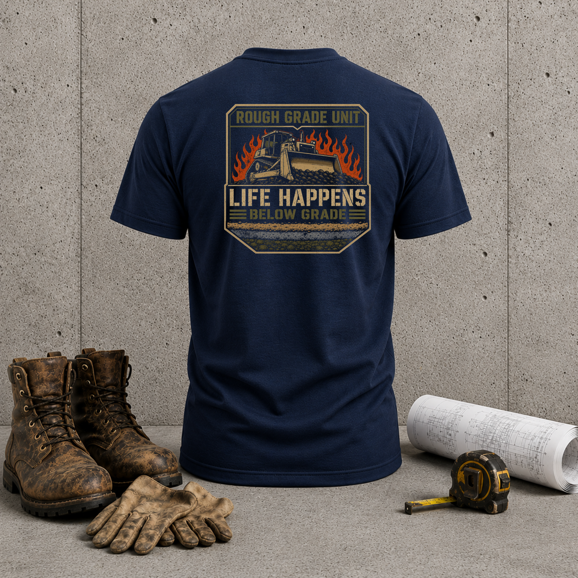 Life Happens Below Grade T-Shirt — Rough Grade Unit Bulldozer Tee