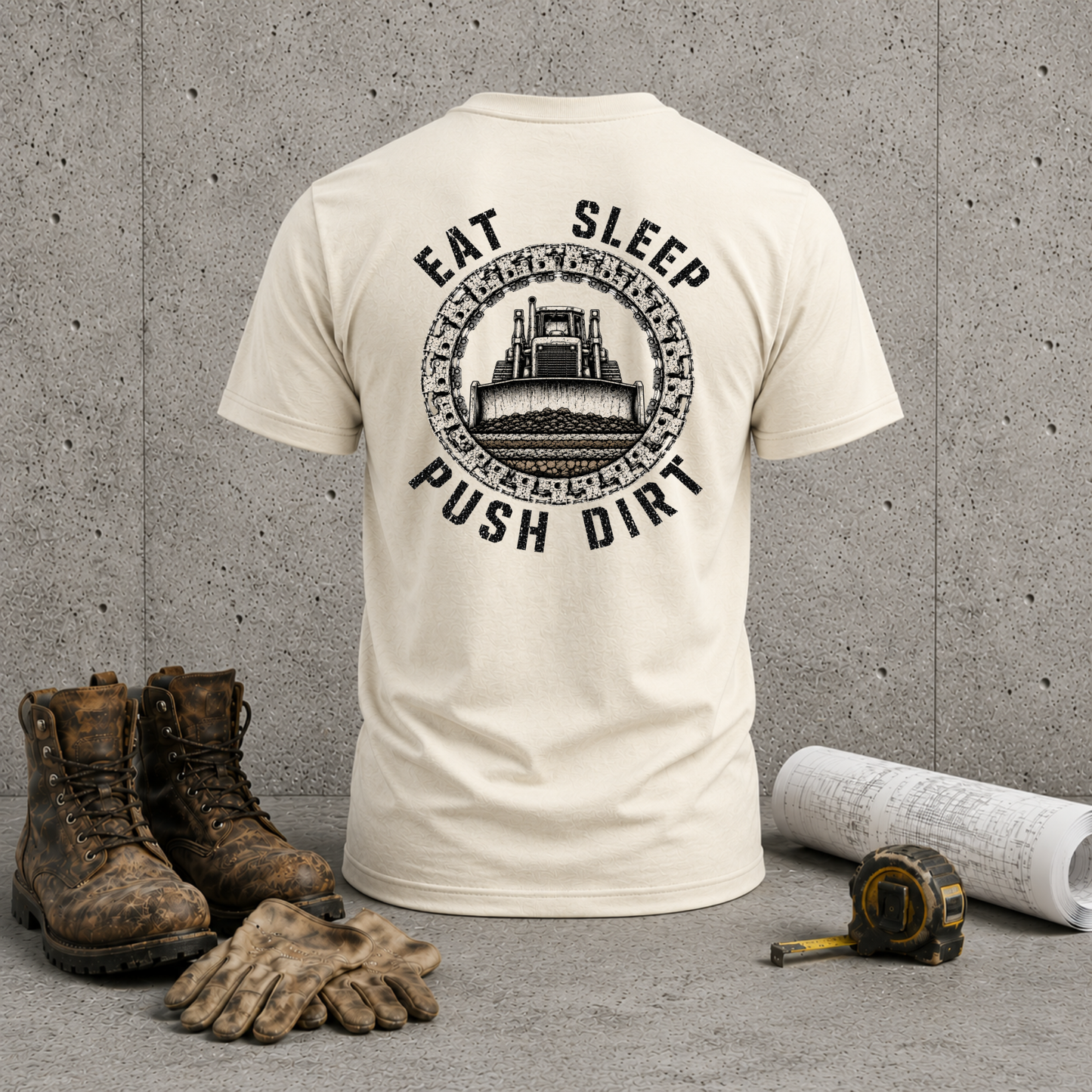 Eat Sleep Push Dirt T-Shirt — Heavy Equipment Bulldozer Crew Shirt for Construction & Dirt Work