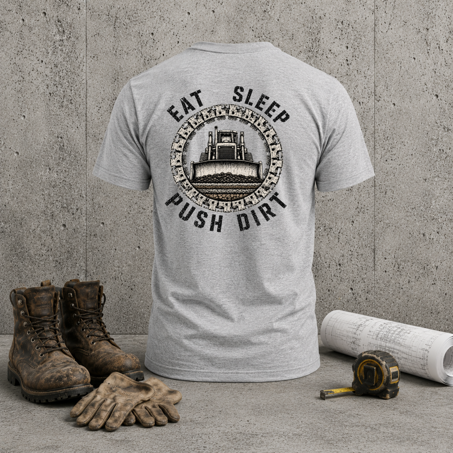 Eat Sleep Push Dirt T-Shirt — Heavy Equipment Bulldozer Crew Shirt for Construction & Dirt Work