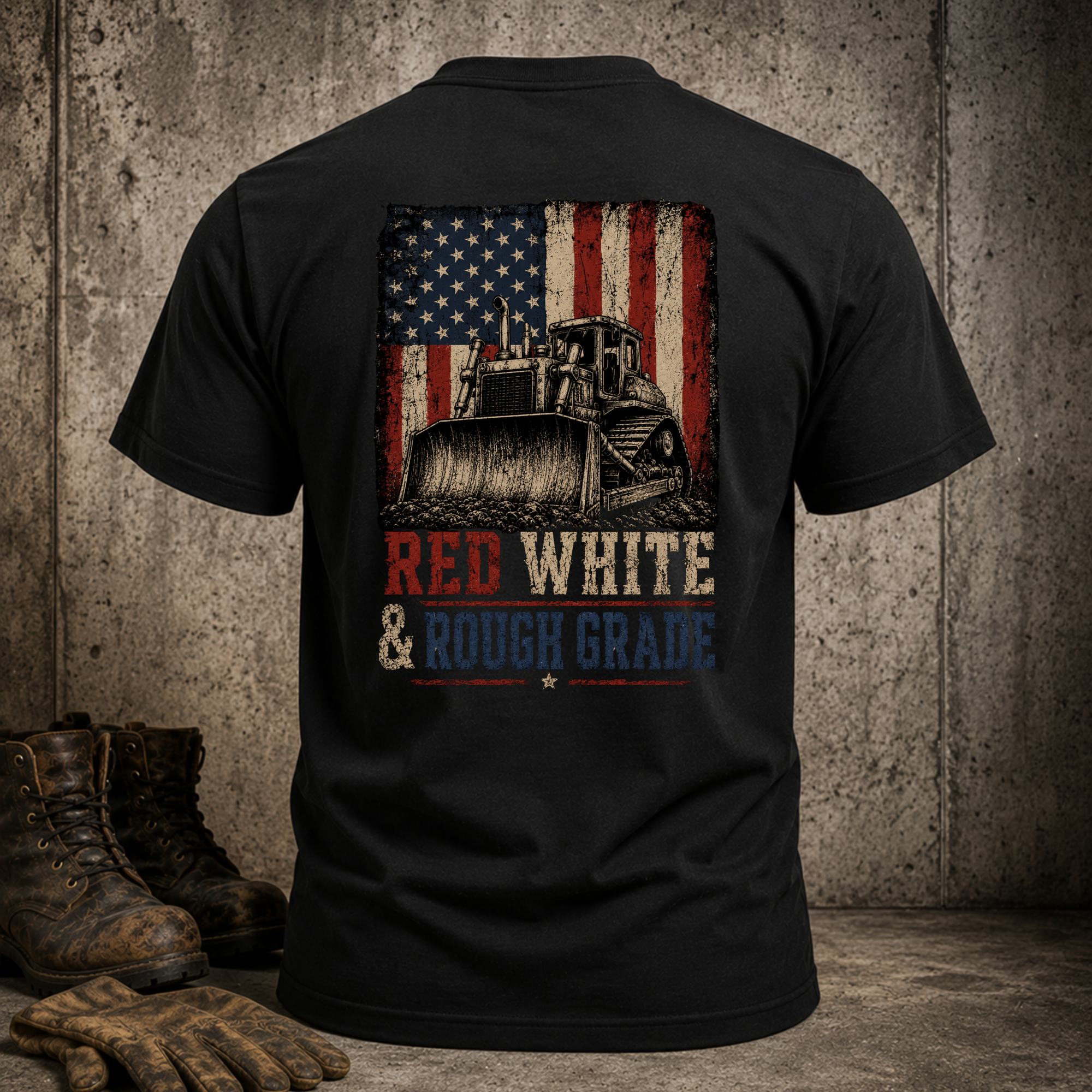 Patriotic Bulldozer T-Shirt — "Red White & Rough Grade" American Flag Construction Tee