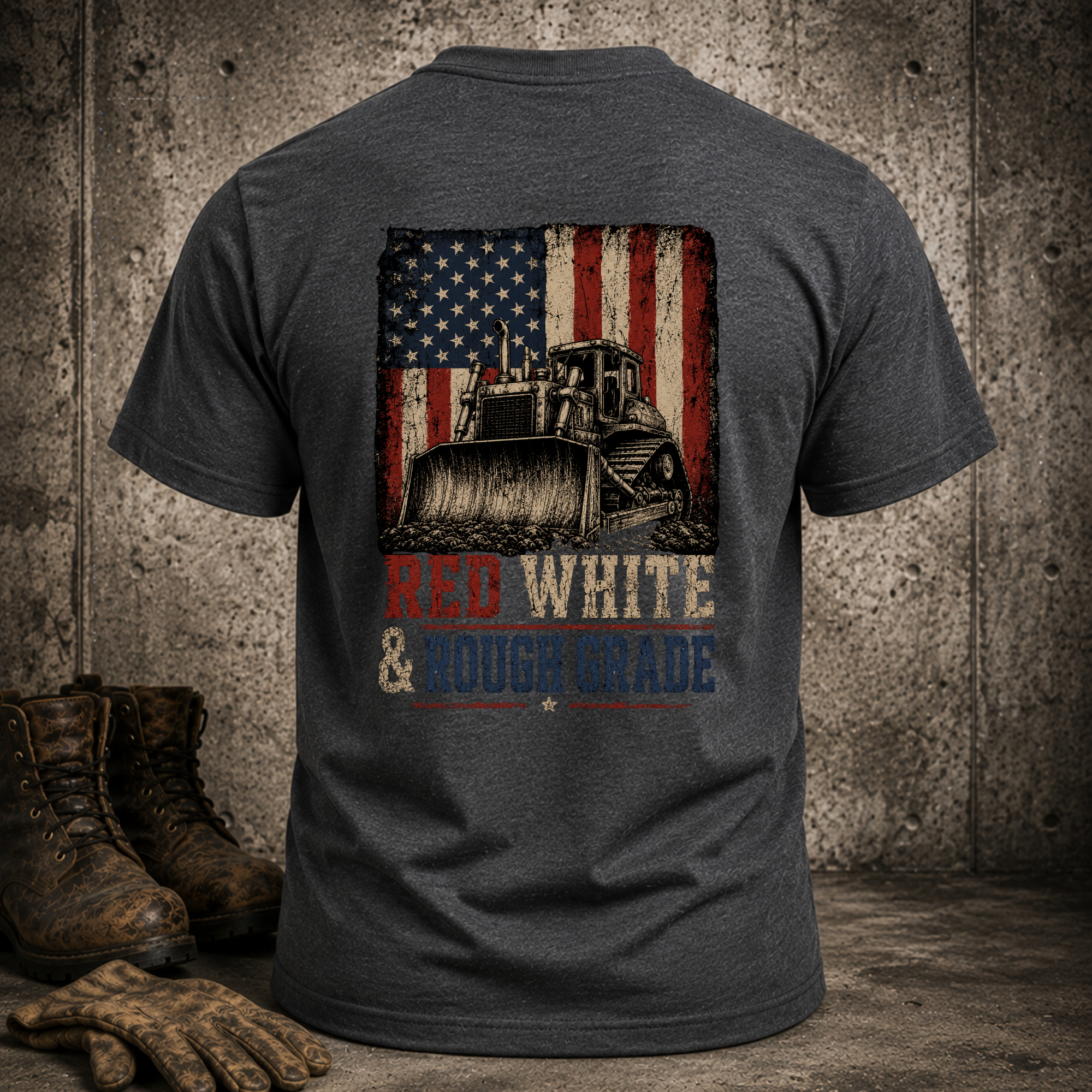 Patriotic Bulldozer T-Shirt — "Red White & Rough Grade" American Flag Construction Tee