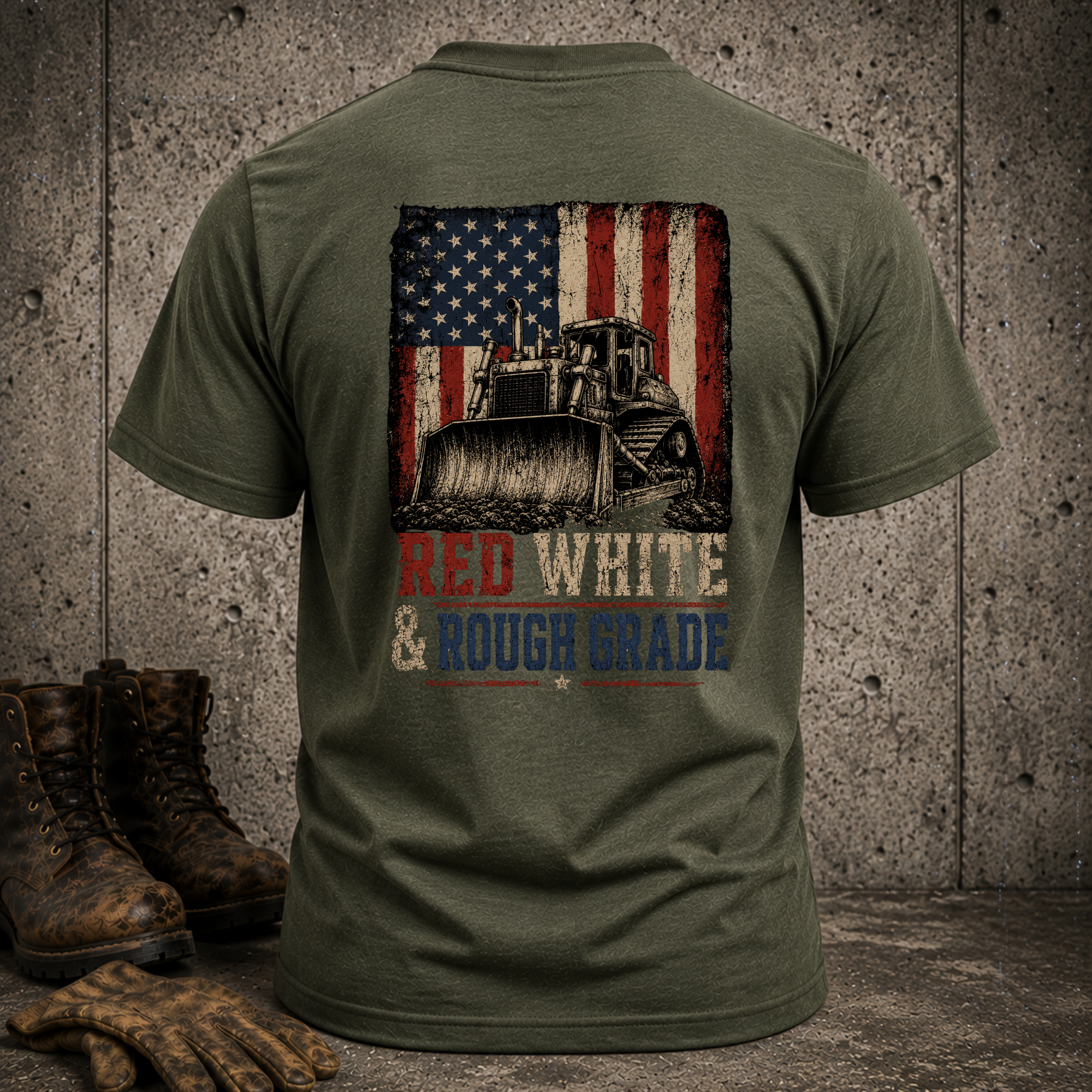 Patriotic Bulldozer T-Shirt — "Red White & Rough Grade" American Flag Construction Tee