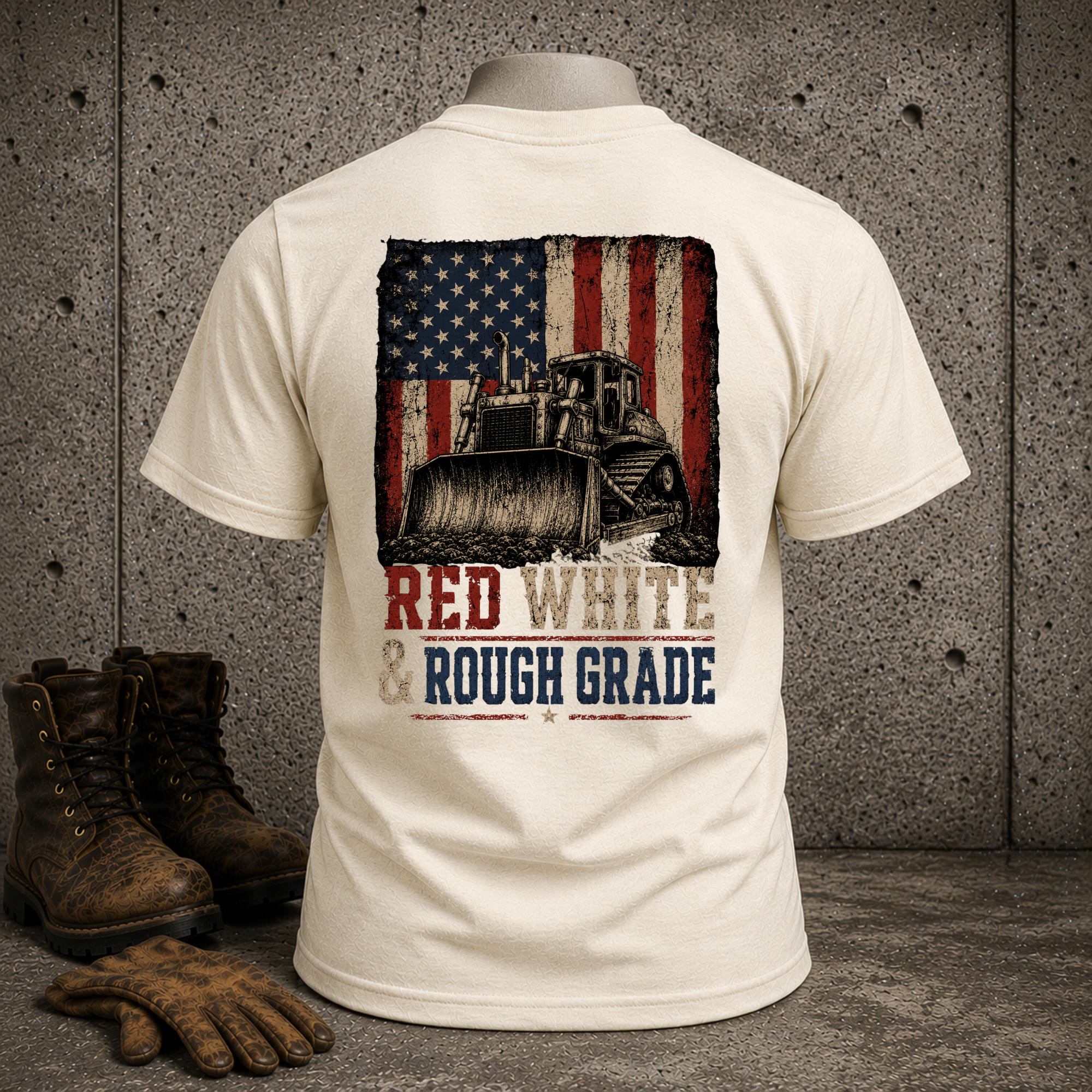 Patriotic Bulldozer T-Shirt — "Red White & Rough Grade" American Flag Construction Tee