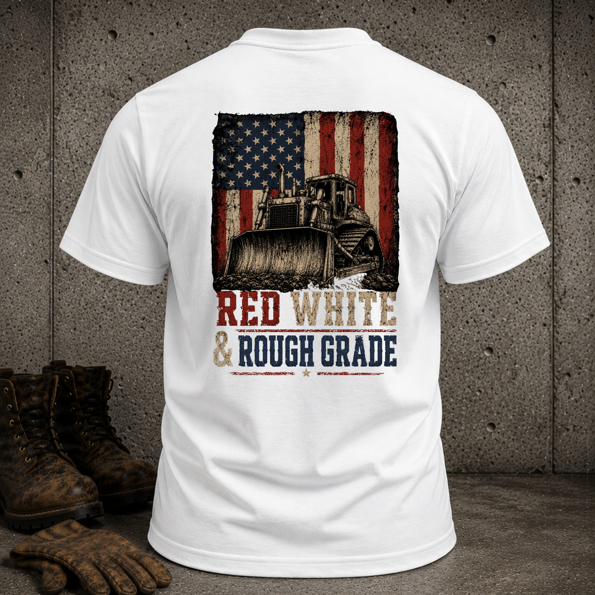 Patriotic Bulldozer T-Shirt — "Red White & Rough Grade" American Flag Construction Tee