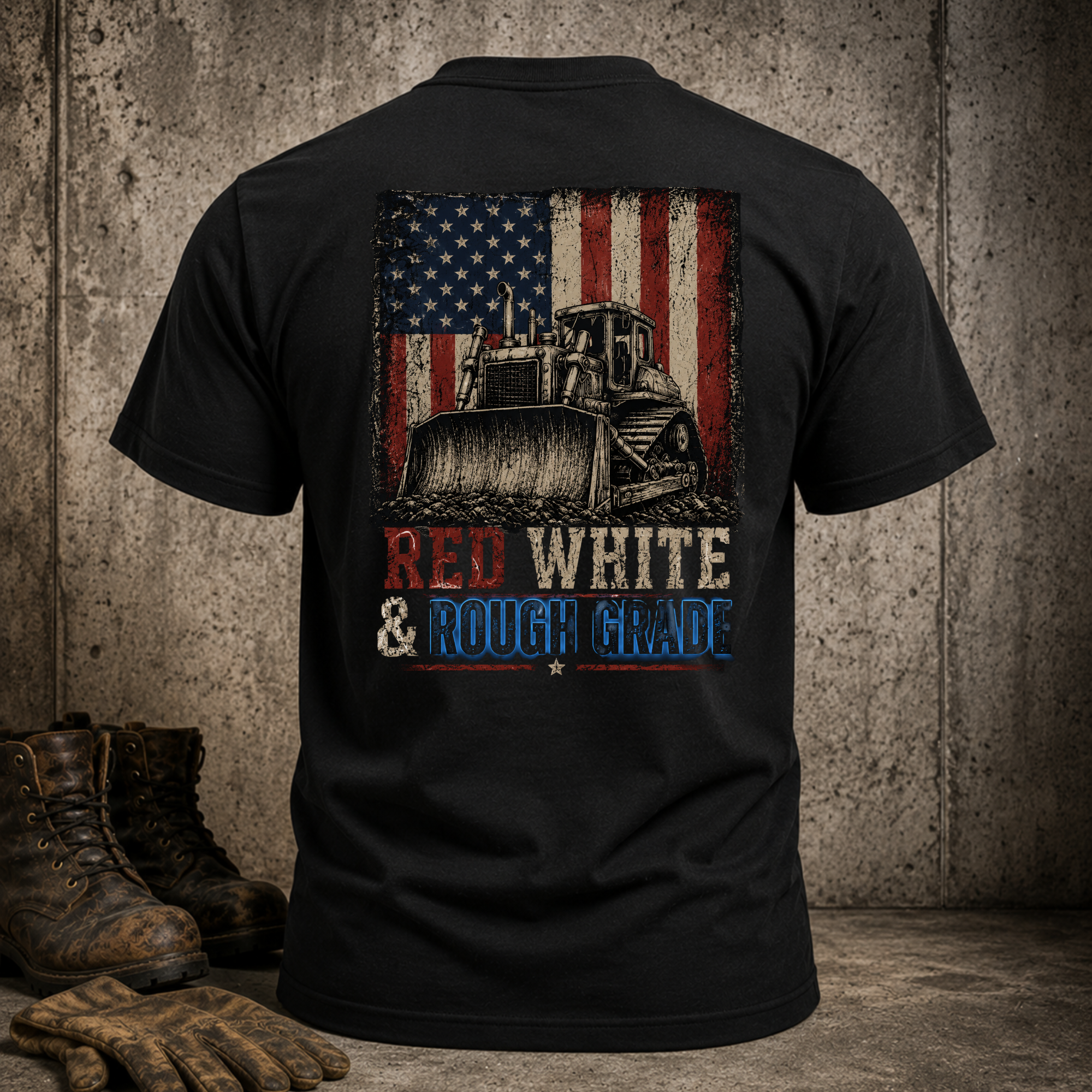 Heavy Equipment T-Shirt — "Red White & Rough Made" Patriotic Flag Design