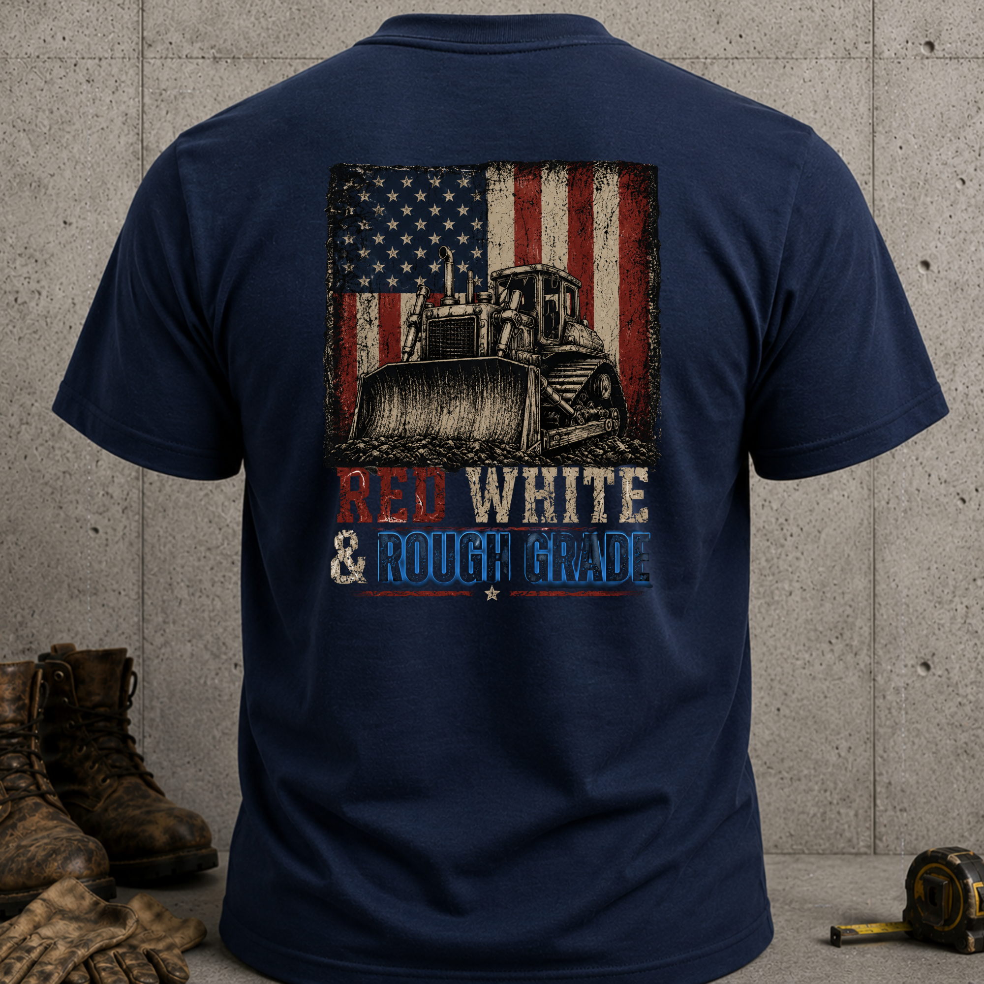 Heavy Equipment T-Shirt — "Red White & Rough Made" Patriotic Flag Design