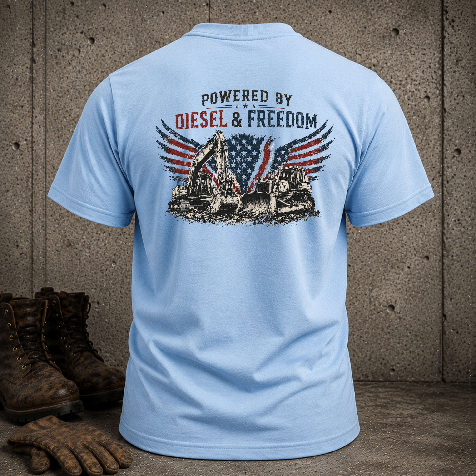 T-Shirt — "Powered by Diesel & Freedom" American Flag Graphic