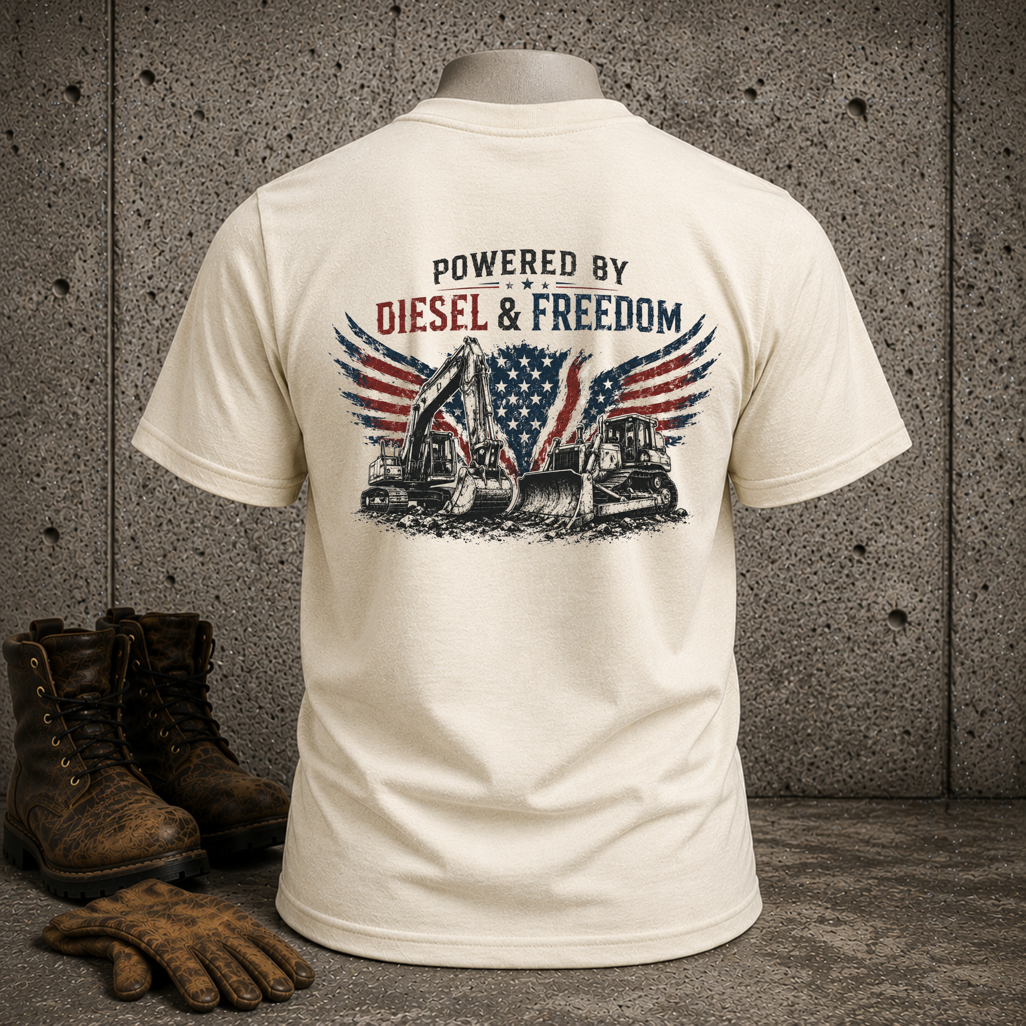 T-Shirt — "Powered by Diesel & Freedom" American Flag Graphic