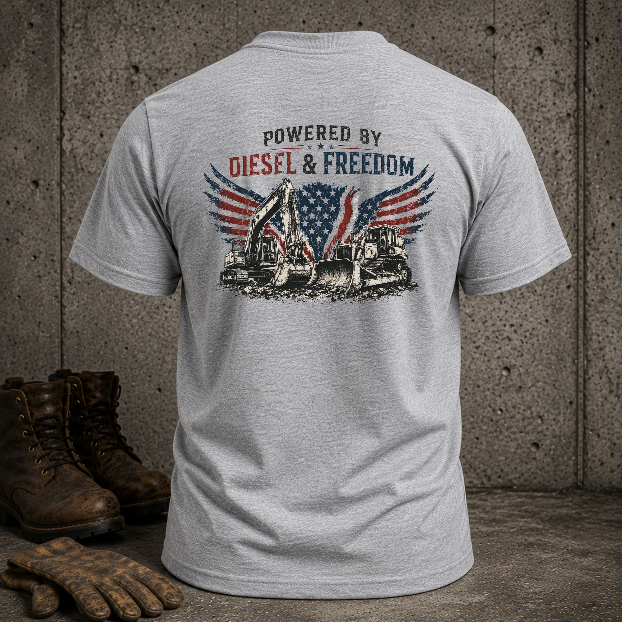T-Shirt — "Powered by Diesel & Freedom" American Flag Graphic