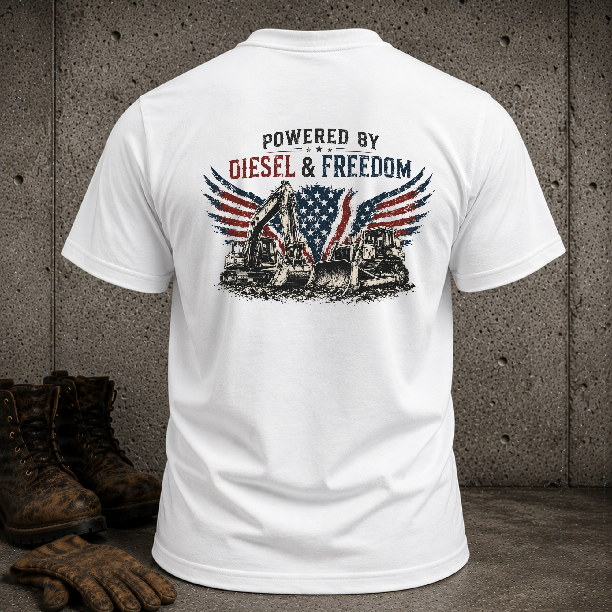 T-Shirt — "Powered by Diesel & Freedom" American Flag Graphic