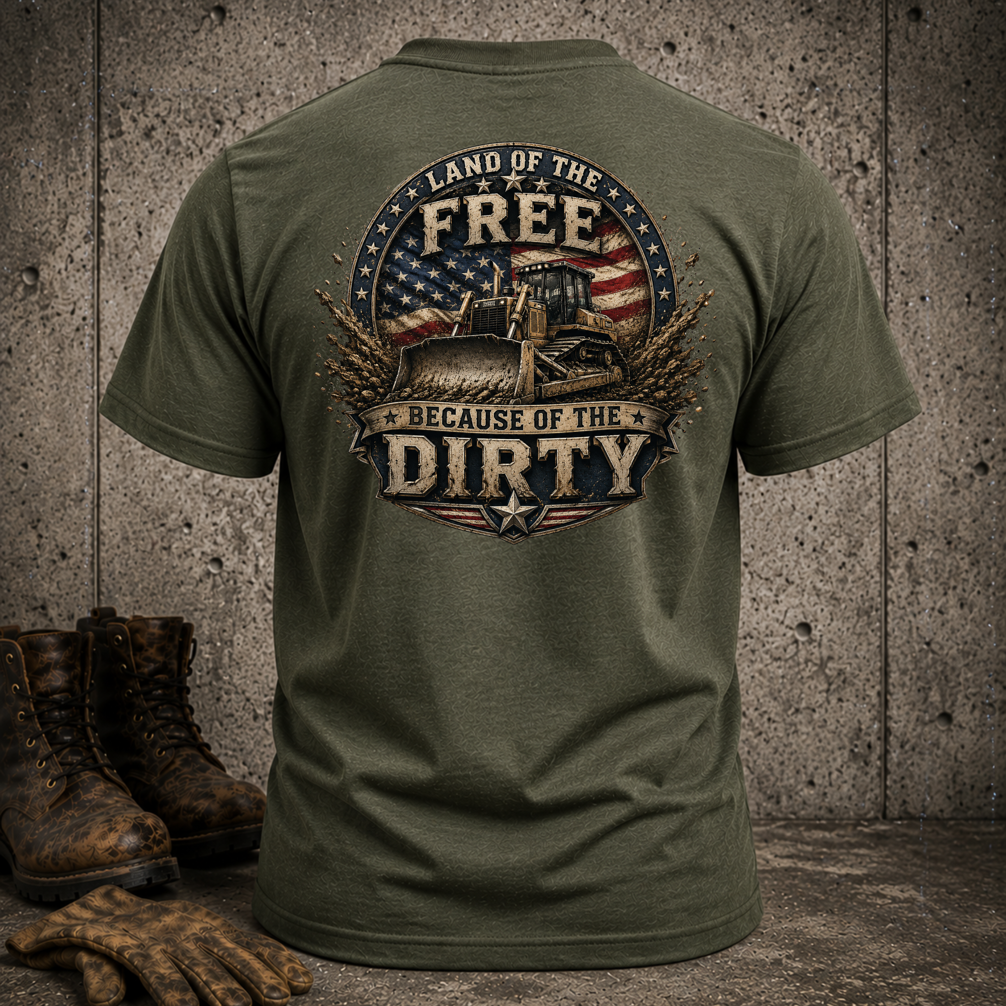 Patriotic Dozer T-Shirt — "Land of the Free Because of the Dirty" Graphic Tee