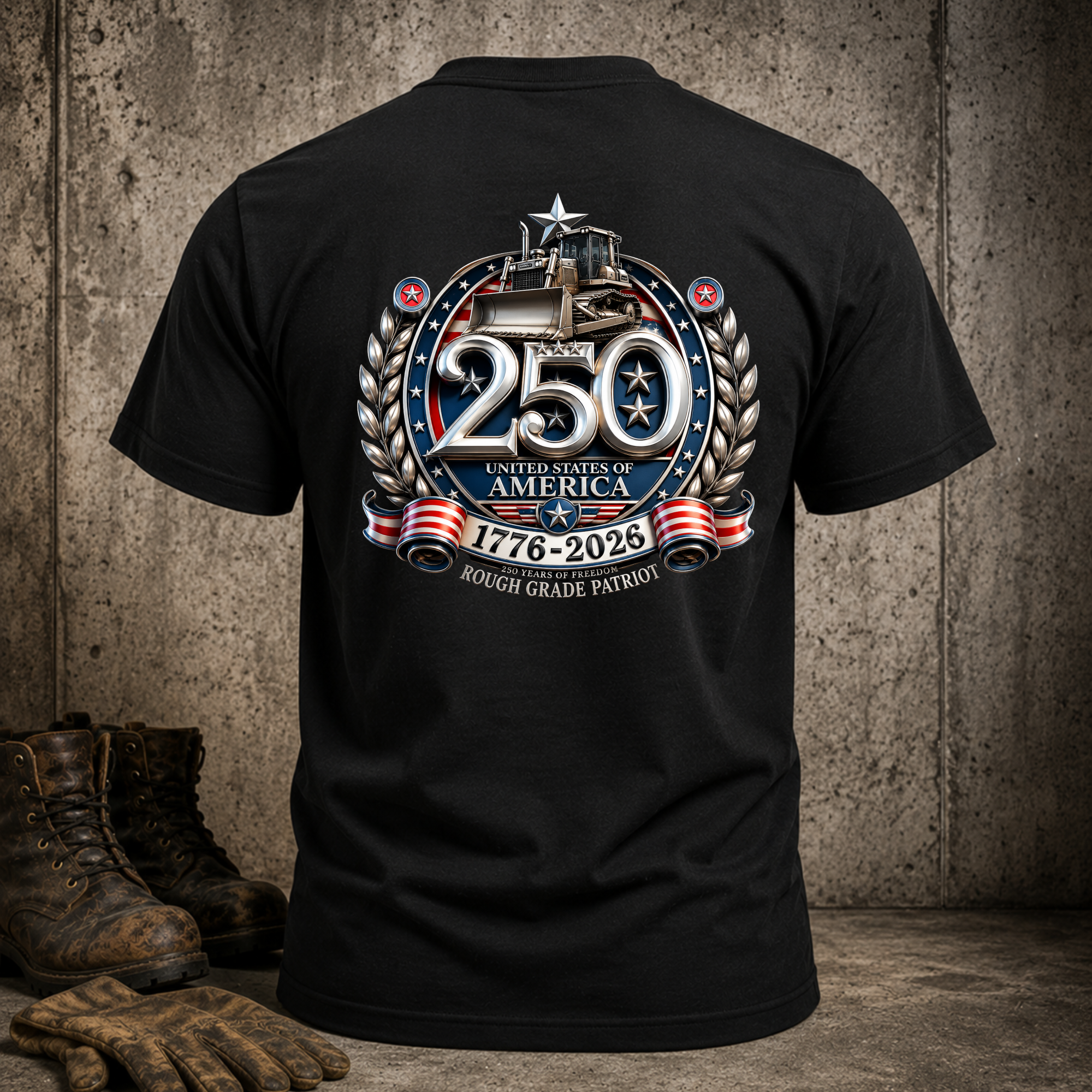 Bulldozer 250 Year Anniversary 'Rough Grade Patriot' Tshirt - Patriotic Tee