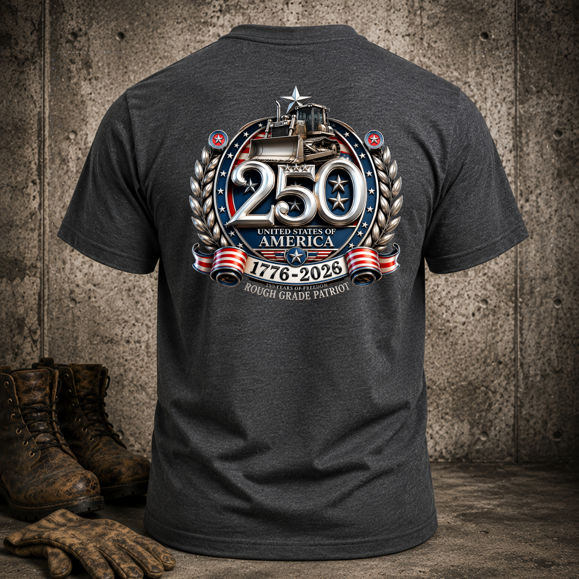 Bulldozer 250 Year Anniversary 'Rough Grade Patriot' Tshirt - Patriotic Tee