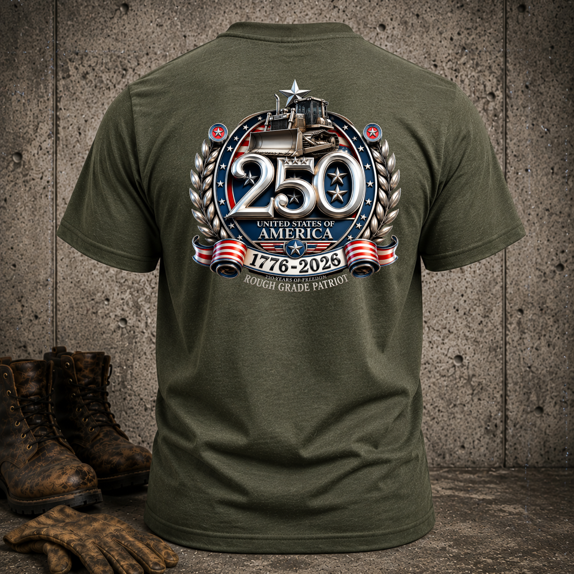 Bulldozer 250 Year Anniversary 'Rough Grade Patriot' Tshirt - Patriotic Tee