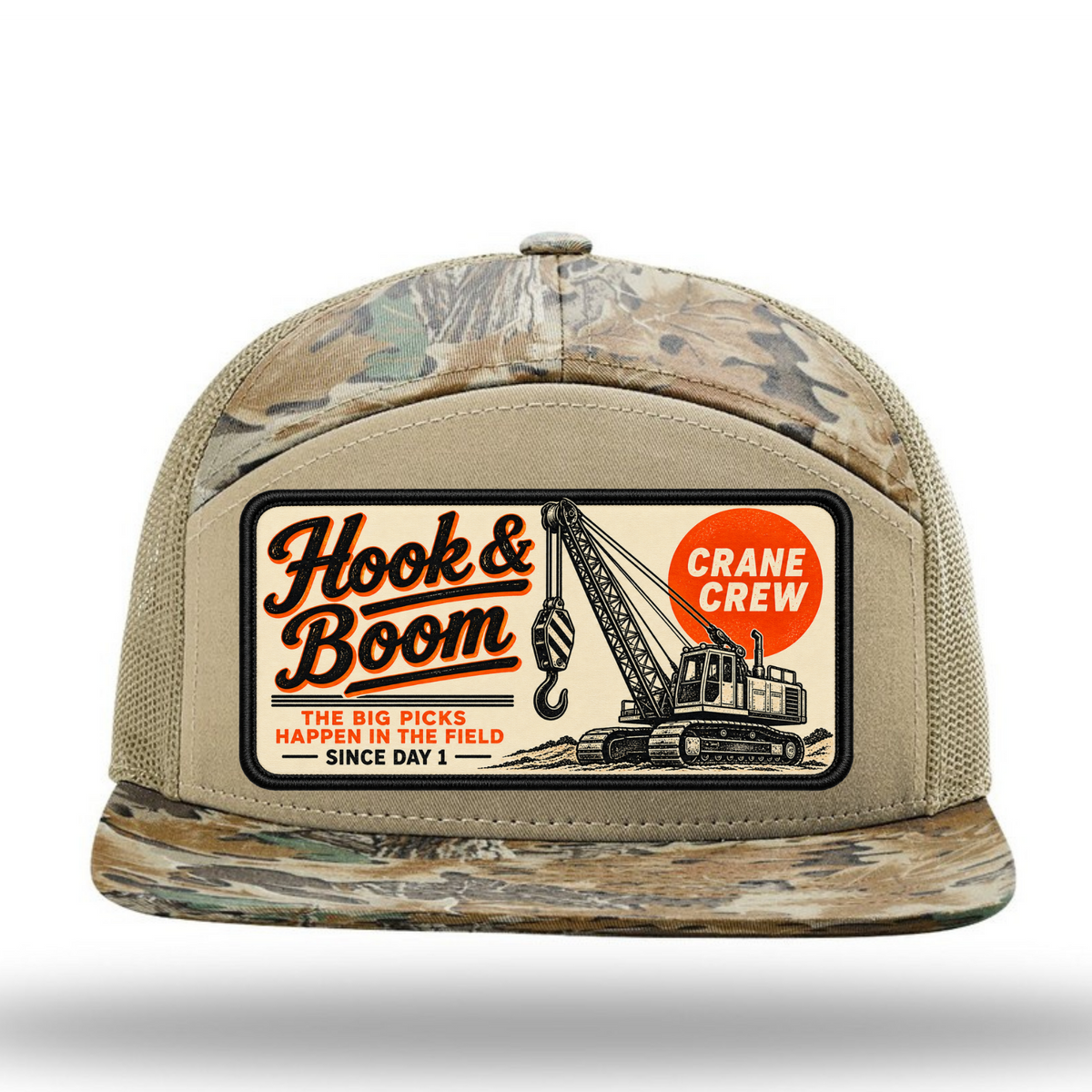 Hook & Boom Crane Crew Richardson 7-Panel Trucker Hat | Crane Operator Camo Hat
