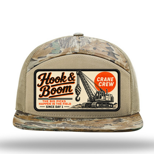Hook & Boom Crane Crew Richardson 7-Panel Trucker Hat | Crane Operator Camo Hat
