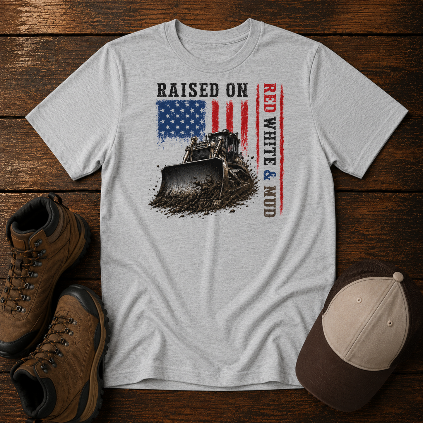 Raised on Red, White & Mud™ Youth Bulldozer Shirt | Patriotic Construction Kids Tee