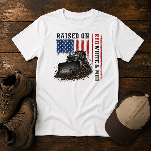 Raised on Red, White & Mud™ Youth Bulldozer Shirt | Patriotic Construction Kids Tee
